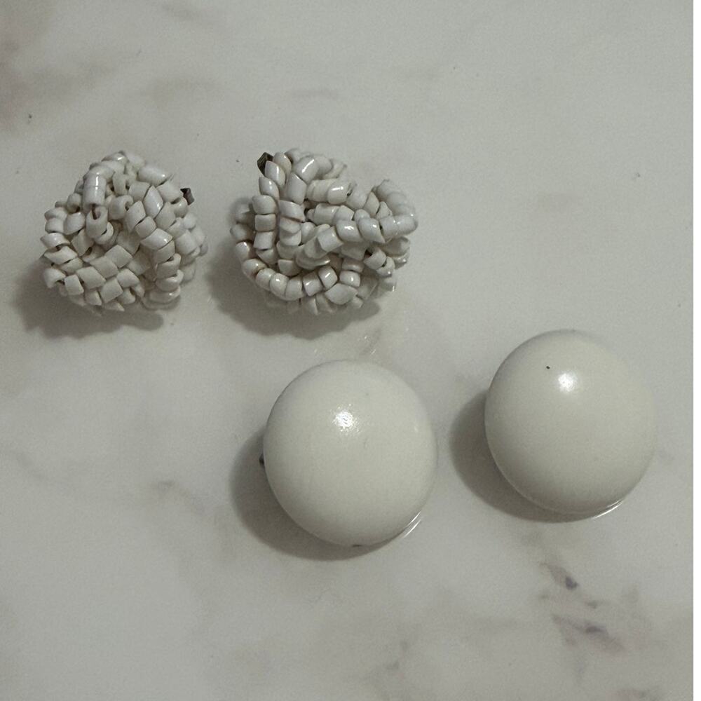 Lot of 2 Pairs Vintage White Clip-On Earrings Beaded & Round